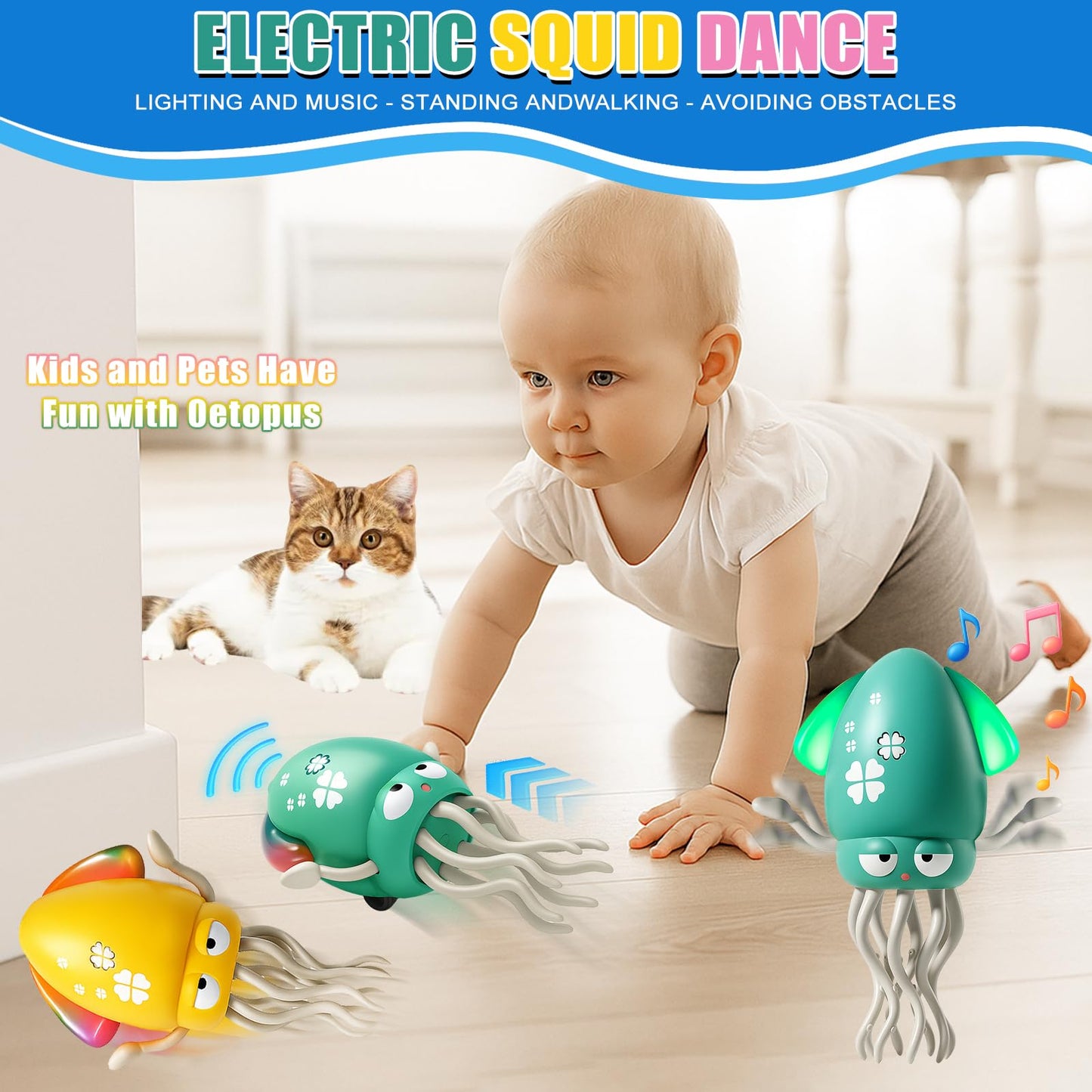 Magic Dancing Octopus Toy  Smart Tentacle Explorer  Wiggly Wonder Interactive Fun Octopus  Crawling Dancing Automatic Obstacle Sensor Toys  Crazy 8-Leg Wiggly Robotic with Music (Yellow)