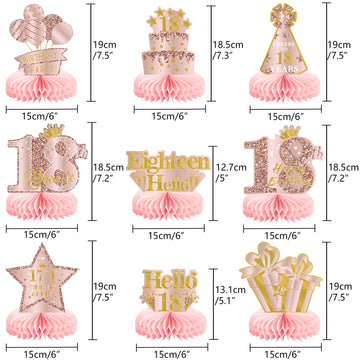 9Pcs 18Th Birthday Decorations Pink Rose Gold Honeycomb Centerpieces For Girls,Happy 18Th Birthday Table Centerpieces Party Supp