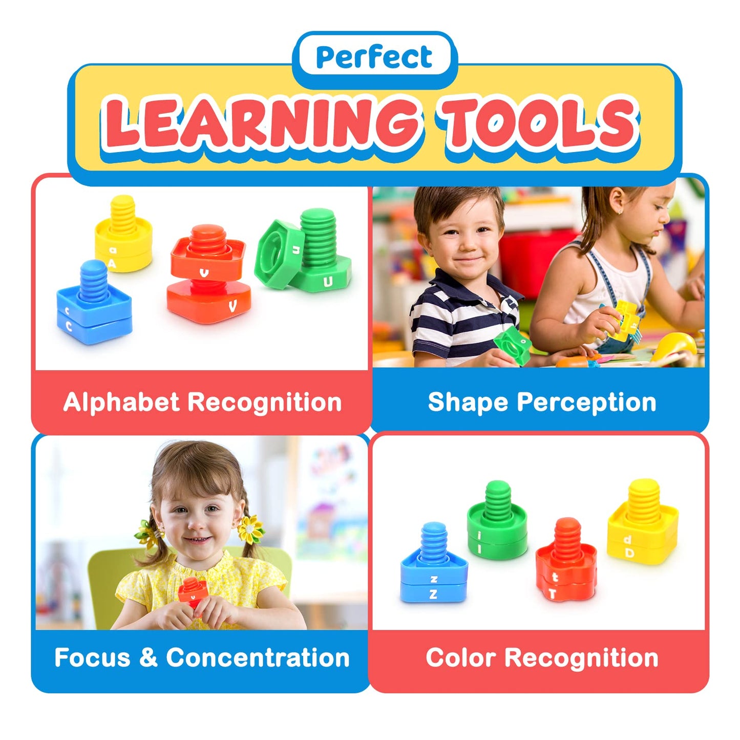 SMALL FISH Letters Learning Matching Game - 26 Alphabet Toys, 52 pcs Nuts & Bolts, Fine Motor Skills, Educational Montessori Toy for Toddlers