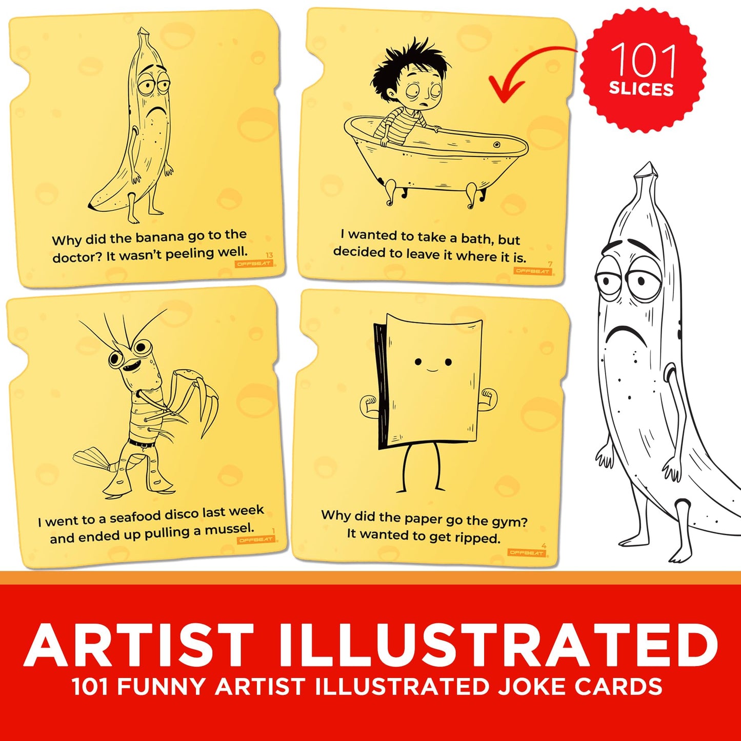 Offbeat 101 Cheesy Joke Cards, Artist Illustrated, Family Fun, Cheesy Dad Jokes Humor For Kids And Adults, Gift For Him, Guys, M