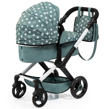 Bayer Design Dolls: Pram Xeo: Stars Green & White - Matching Handbag, Adjustable Handle, For Dolls Up To 20'', Ages 3+