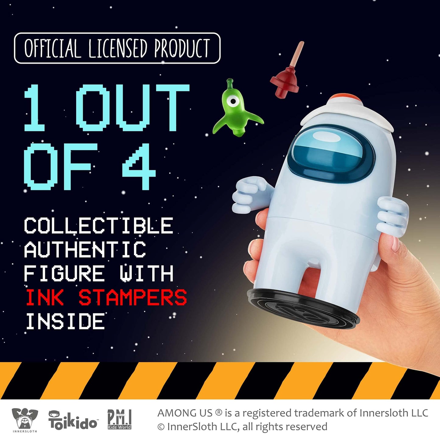 P.M.I. Among Us Crewmate Figure With Stamper | 4.5-Inch-Tall Among Us Toy + 3 Hidden Accessories| Among Us Party Favors And Playable Collectibles | Crewmate In The Egg Hat