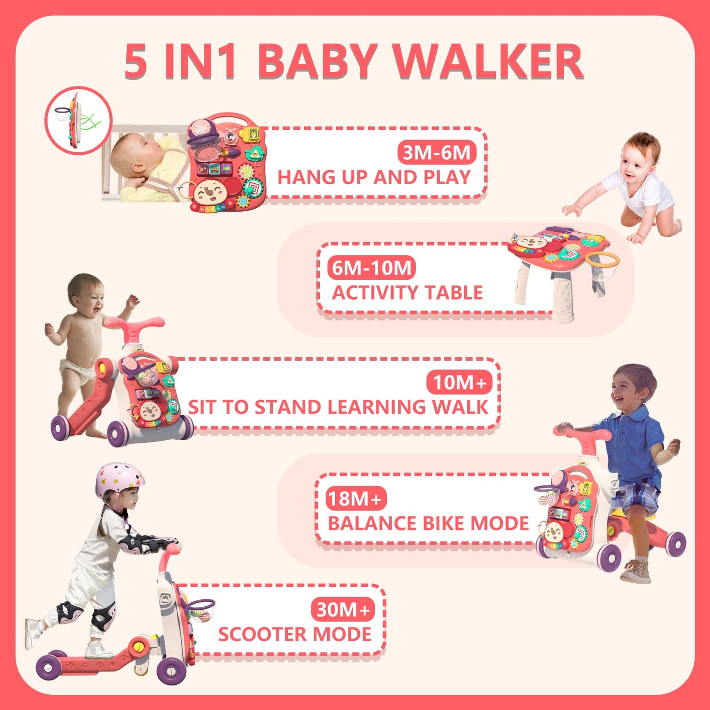 Qdragon 5 In 1 Walker For Baby Girl, Baby Push Walkers, Assemble As Scooter/Motorbike/Activity Center/Detachable Panel, Walking Toys For Infants 6-12 Months, Red