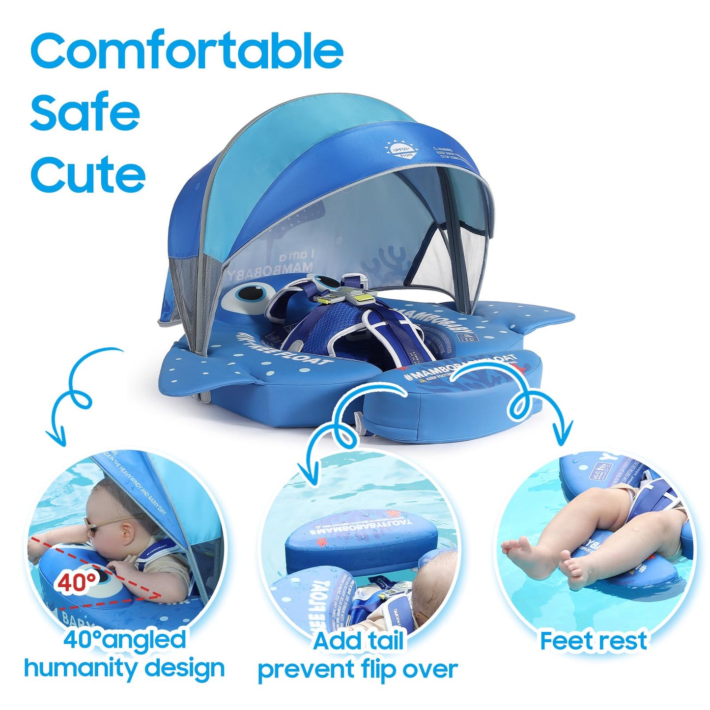 Mambobaby Float with Canopy & Portable Backpack Skin-friendly Baby Swim Float with Tail Waterproof Non-Inflatable Mambo Float Sm