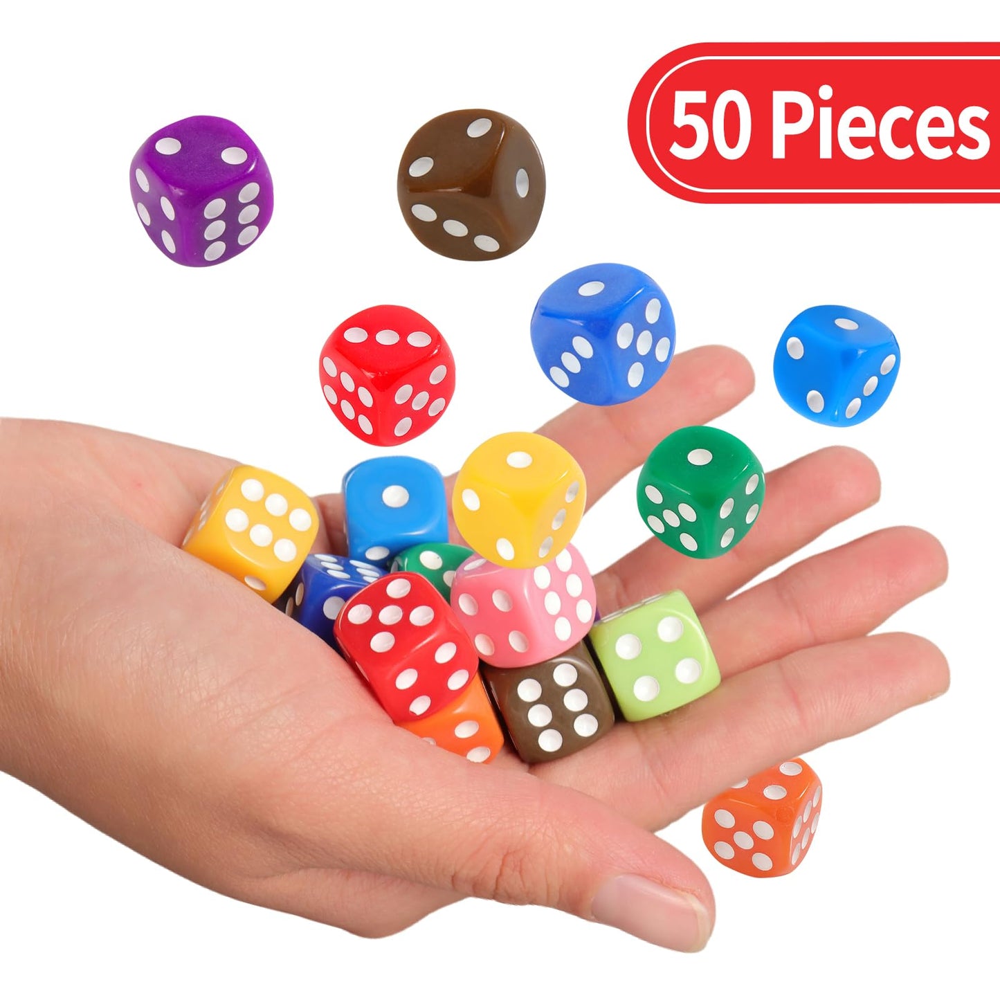 16MM Standard 6 Sided Dice Set, 50 Pieces Colorful Dice for Board Games, Classroom Math Bulk Game Dice, Make Entertainment More
