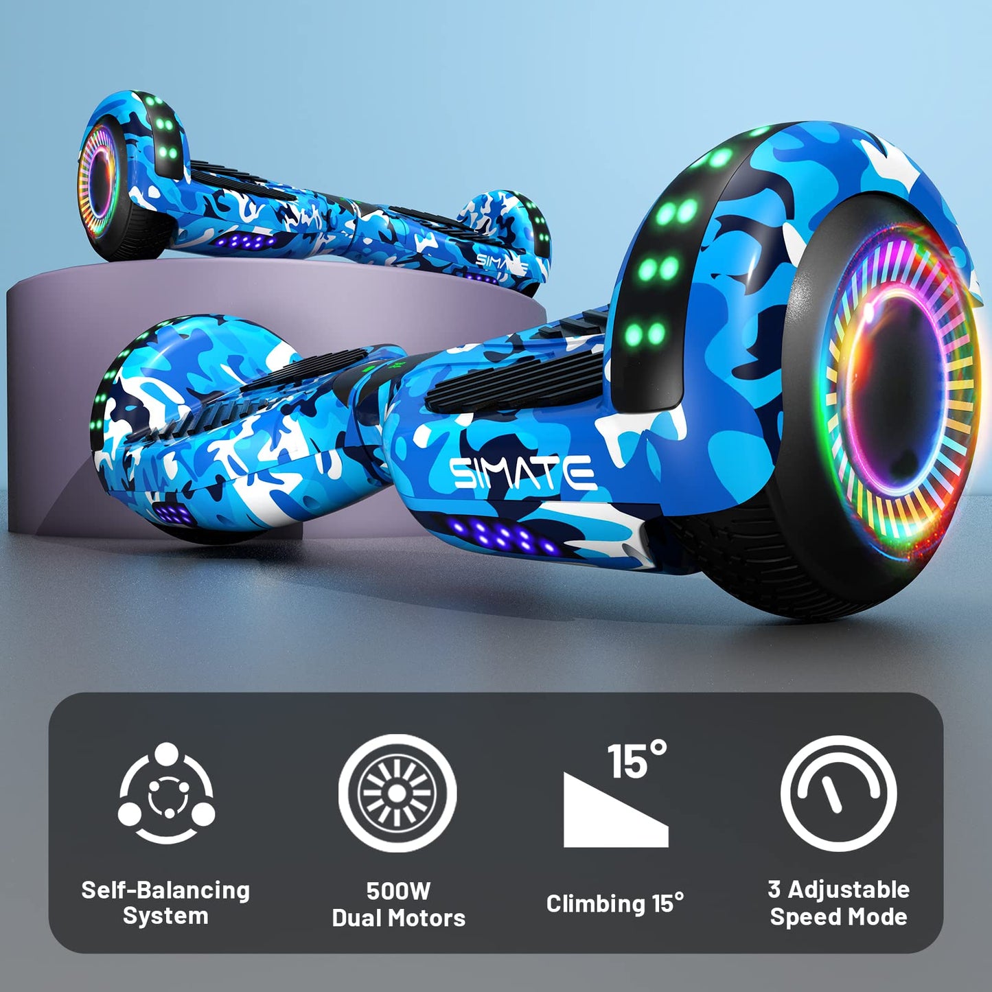 SIMATE 6.5" Bluetooth Hoverboard - Galaxy Purple, Self-Balancing, LED Lights for Kids & Adults