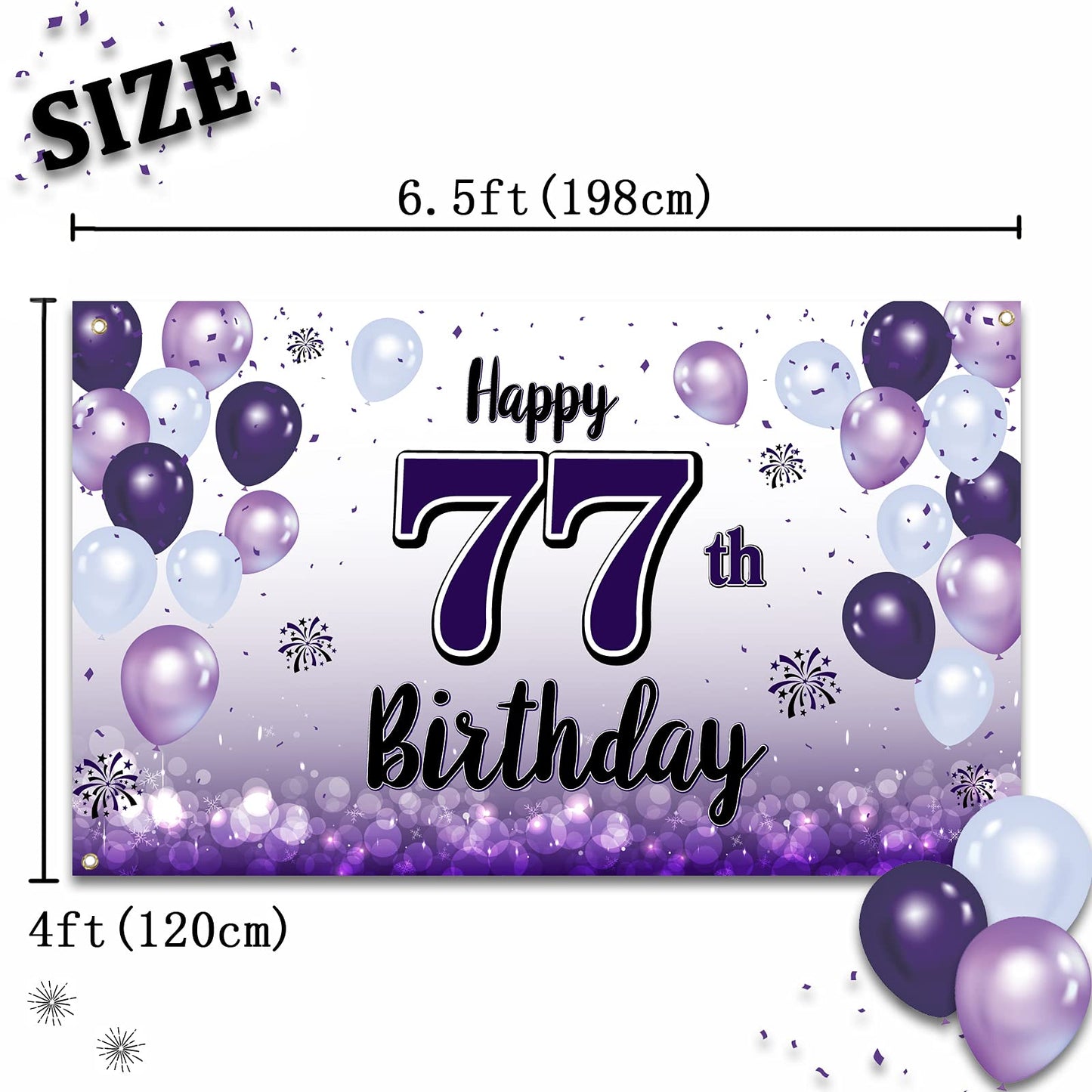 LASKYER Happy 77th Birthday Decorations,77th Purple Balloon Large Birthday Banner Backdrop Sign,77 Years Old Bday Party Supplies