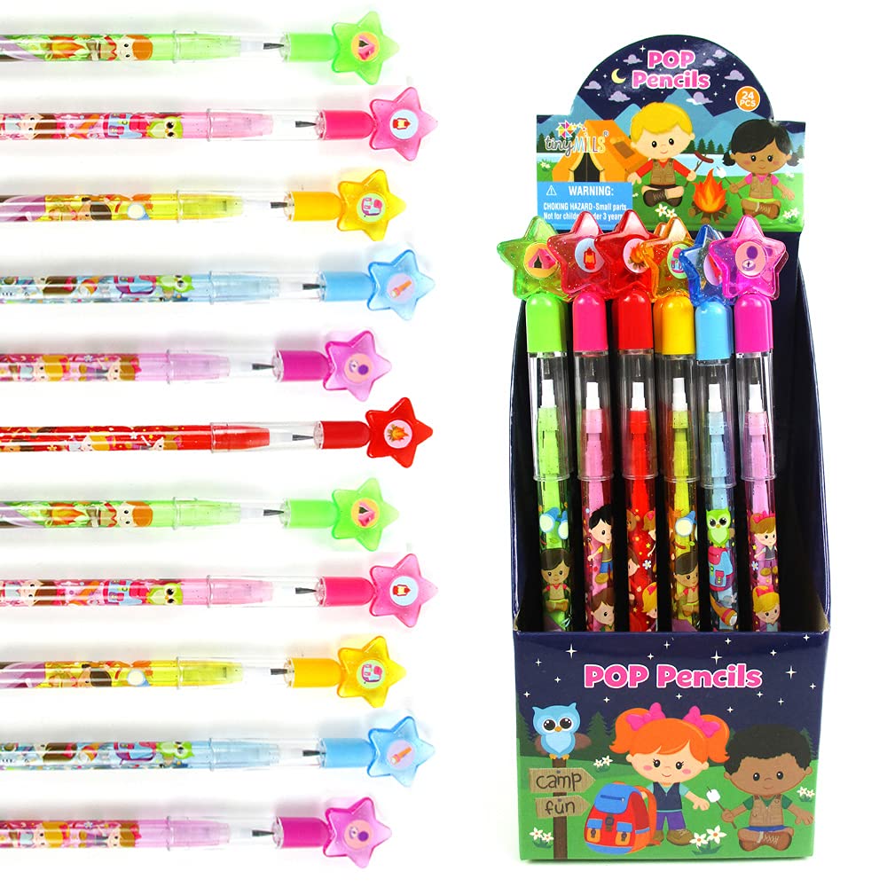 TINYMILLS 24 Pcs Camping Multi Point Stackable Push Pencil Assortment with Eraser for Carnival Prize Goodie Bag Stuffers Party F