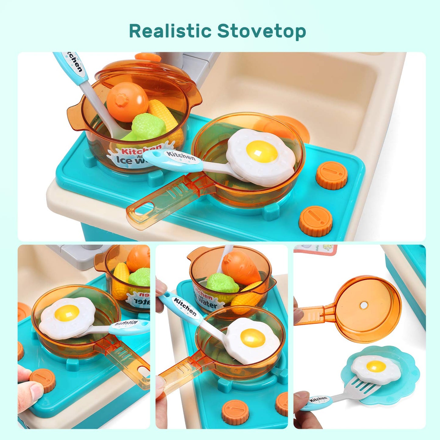 CUTE STONE Play Kitchen Sink Toys with Upgraded Real Faucet, Play Cooking Stove, Cookware Pot and Pan,Play Food, Color Changing
