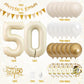 50Th Birthday Decorations Sand White Gold,50Th Birthday Balloons Beige Gold,Happy 50Th Birthday Banner With Cake Toppers Number