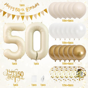 50Th Birthday Decorations Sand White Gold,50Th Birthday Balloons Beige Gold,Happy 50Th Birthday Banner With Cake Toppers Number