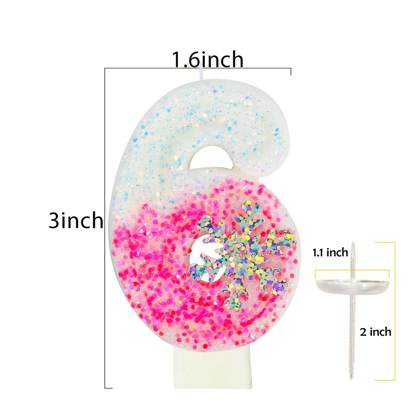 Frozen Themed Birthday Candles, Number 6 Pink Birthday Candle for Party Supplies, Winter Birthday Party Supplies, 2.76 inch Numb