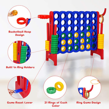 Costway Jumbo 4-To-Score Giant Game Set For Kids & Adults, 2.5Ft Indoor Outdoor Game Set With Basketball Hoop, Ring Game, 42 Jumbo Rings, Quick-Release Slider, Perfect For Holiday Party (Red)