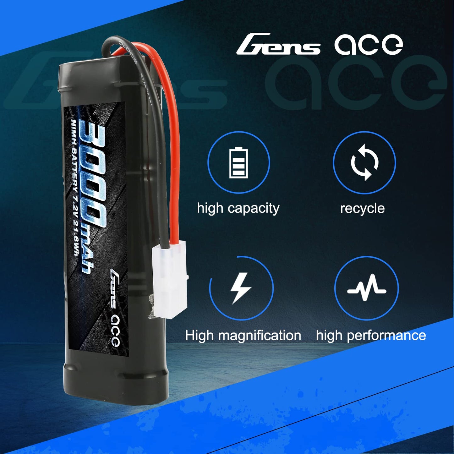 Gens ace 7.2V 3000mAh NiMH Battery High Power Rechargeable Low-self Discharge with Tamiya Plug for RC Cars Truggy Tank Electric