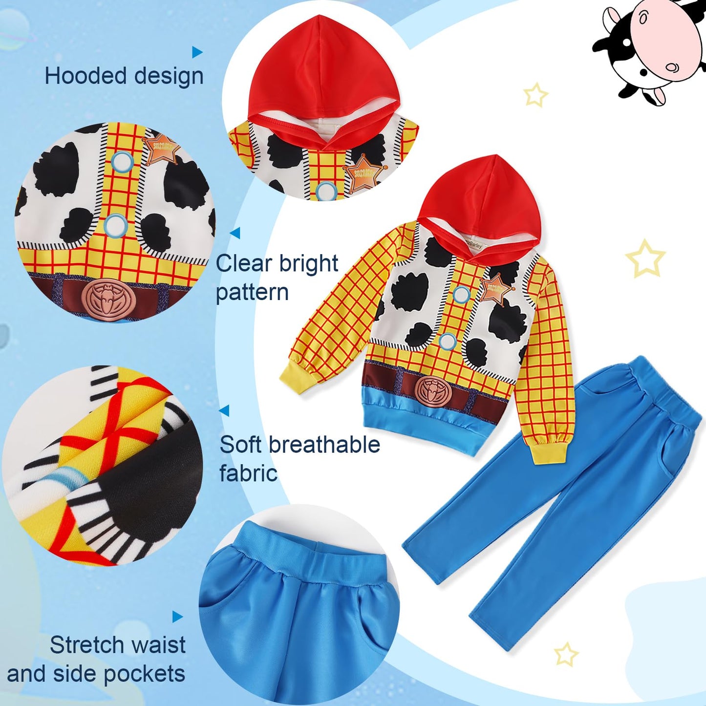 Eledobby Woody Costume Toddler Long Sleeve Hoodie+Pants Set For Boys Kids Woody Halloween Outfits Christmas Birthday Gift 3-4T