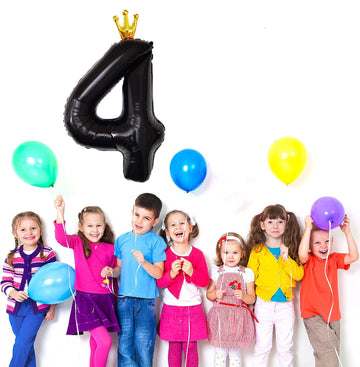 Black Number 4 Balloon With Crown, Large Number Balloons 40 Inch, 4Th Birthday Party Decorations Supplies 4 Year Old Birthday Si