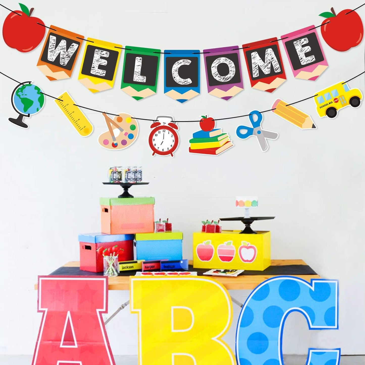Bessmoso Welcome Banner Kids Back to School Party Decoration Apple Pencil Stationery Garland First Day of School Ideas New Grade