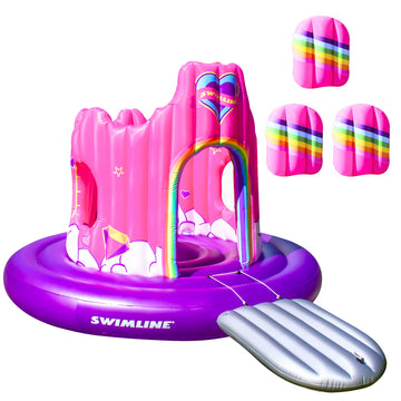 Swimline Giant Inflatable Unicorn Castle Pool Float For Kids And Adults Size| Floating Kingdom Raft Lounger Combo With Gate Shield Windows & Accessories For Pools Lakes Beach | Fits Up To 4 People