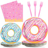 Tevxj 96Pcs Donut Themed Birthday Tableware Set Donuts Pink Dinnerware Disposable Plates Sweet Party Plates Napkins Forks For Baby Shower Party Decorations Supplies 24 Guests