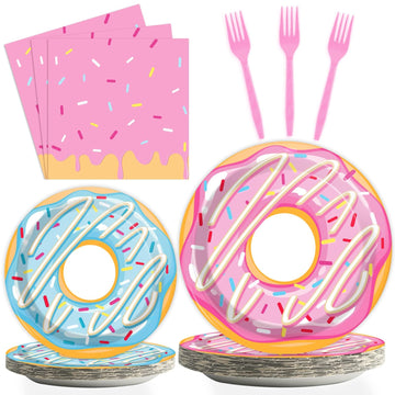 Tevxj 96Pcs Donut Themed Birthday Tableware Set Donuts Pink Dinnerware Disposable Plates Sweet Party Plates Napkins Forks For Baby Shower Party Decorations Supplies 24 Guests