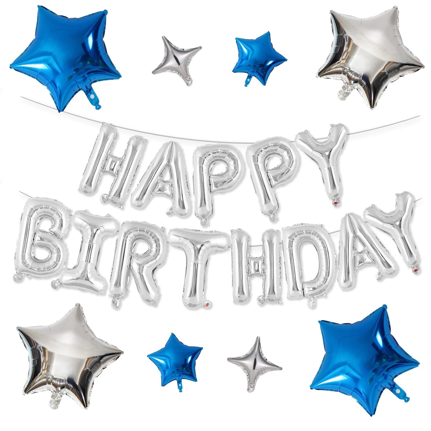 Happy Birthday Balloons Banner, Silver Happy Birthday Foil Balloons 16 Inch Mylar Foil Letter Balloons With 8 Pcs Blue Silver St