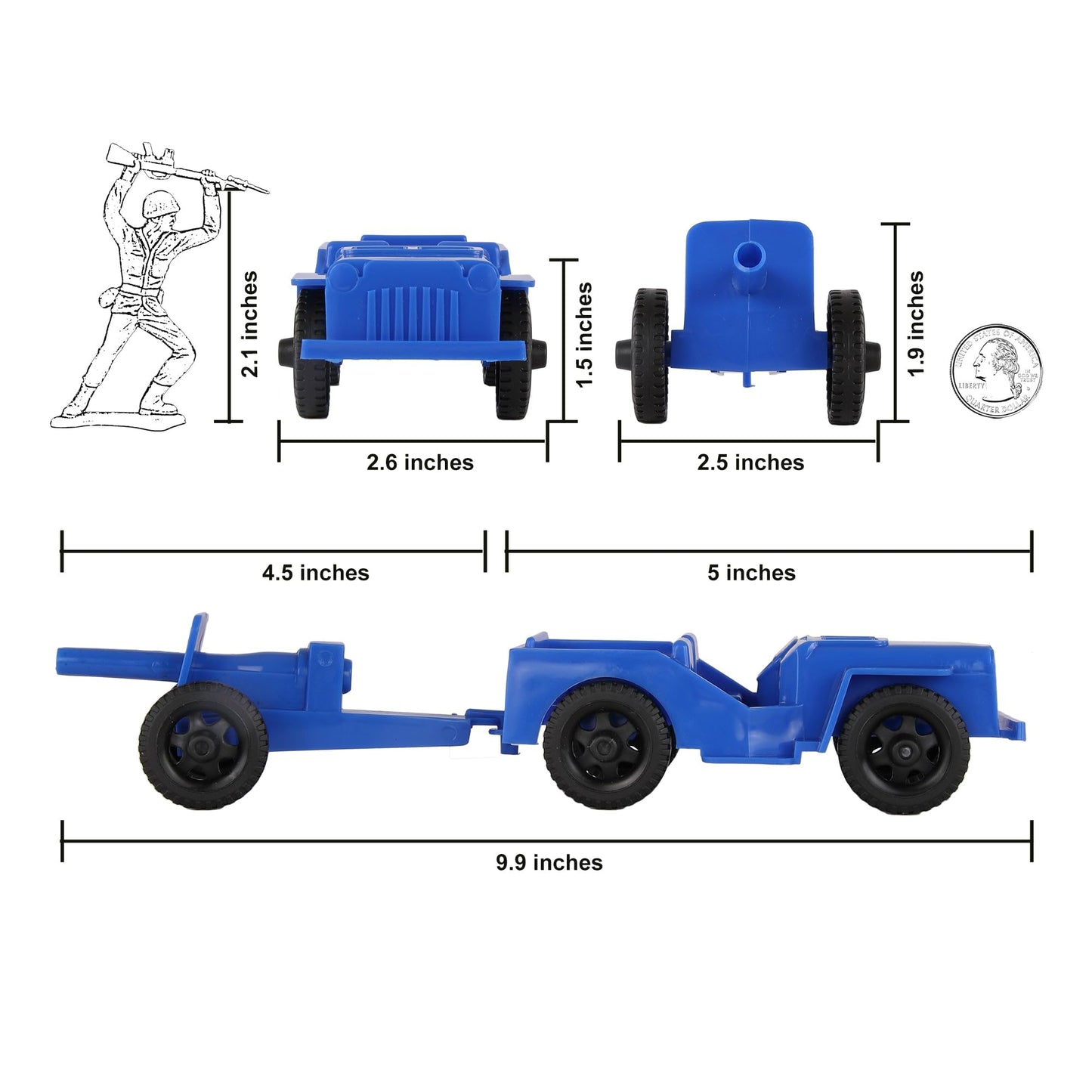 TimMee Combat Patrol Willys & Artillery - Blue 4pc Playset USA Made