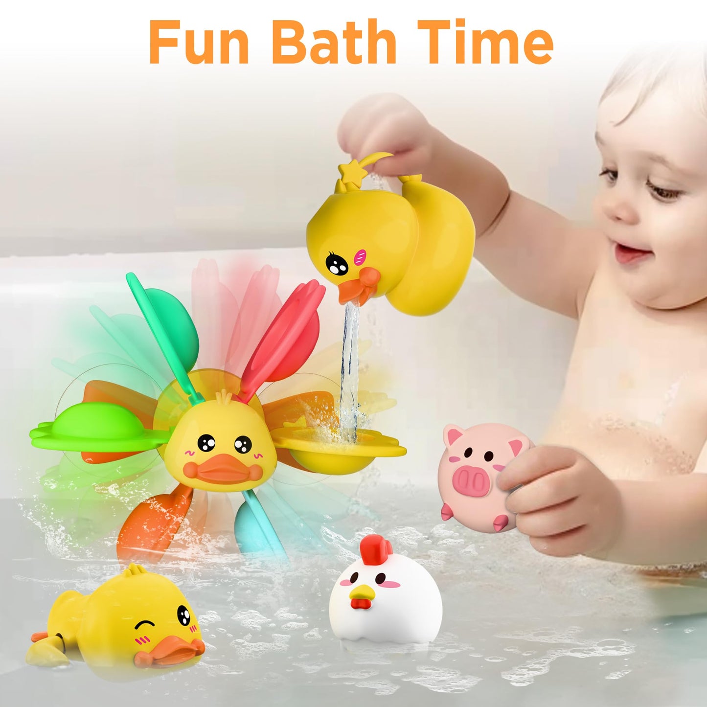 Iplay, Ilearn Baby Duck Bath Toy, Toddler Bathtub Suction Water Spinner Gear, Kid Shower Fishing Game W/ Net, Light Up Animal, Wind Up Swimming Duck, Birthday Gift 6 9 12 Month 1 2 3 Year Old Boy Girl