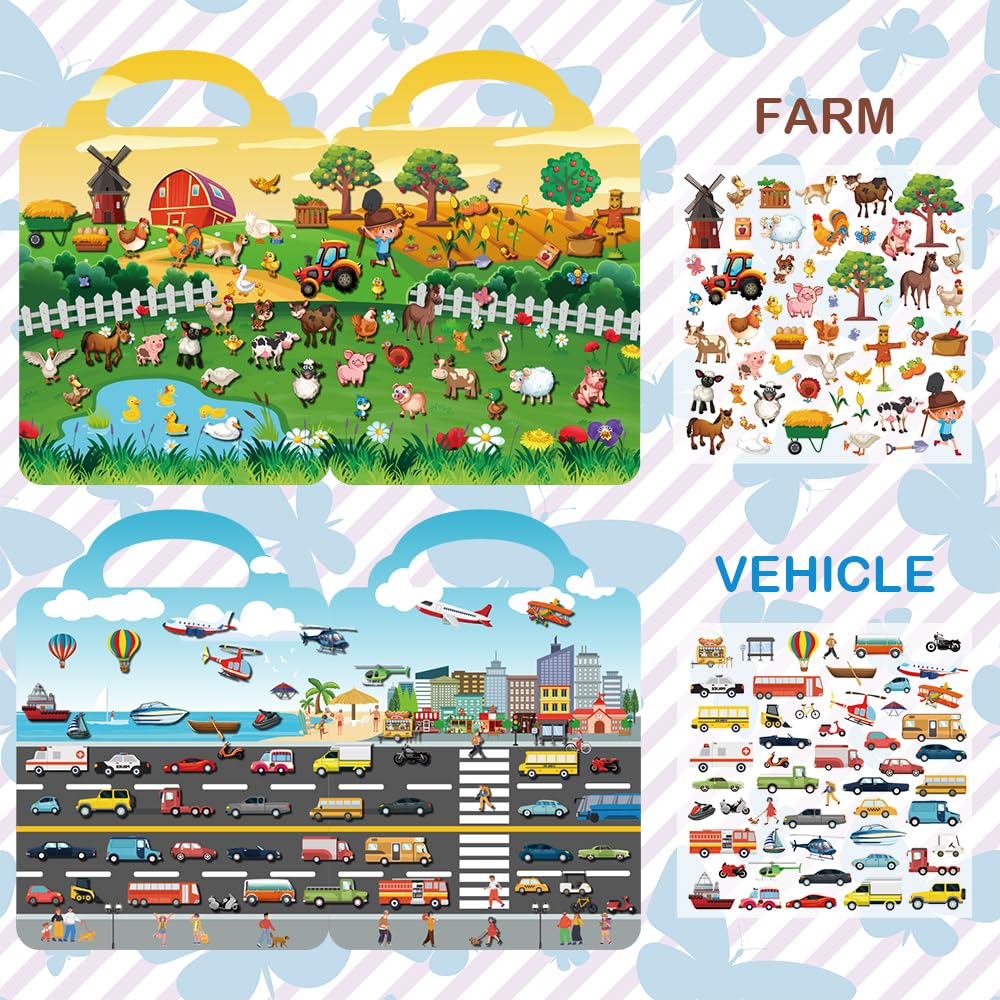 Aannanl Reusable Sticker Book for Toddlers 2-4 Years, 6 Sets of Puffy Sticker Books for Kids Ages 1-3 and 2-4 Years Old Book for