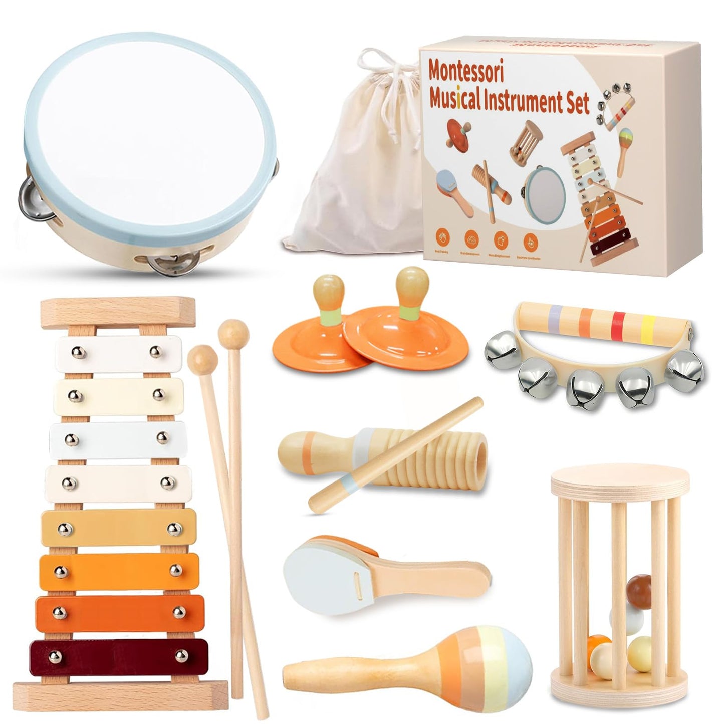 Musical Instruments Set for Toddlers 1-3  Montessori Wooden Toys for Kids Girls Boys-Xylophone Tambourine Maracas  Baby 18+Months Birthday Percussion Music Gift Preschool Educational with Storage Bag