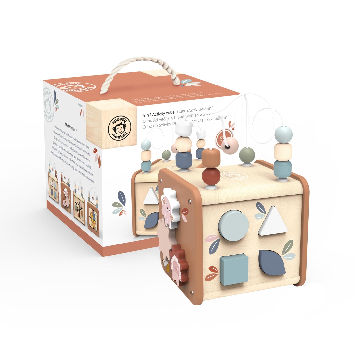 Speedy Monkey 5-in-1 Activity Cube, Educational Wooden Toy with Bead Maze, Shape Sorter, Gears, Puzzle & More, Develops Social, 