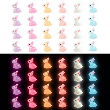 60 Pcs Easter Mini Resin Rabbit 6 Colors Luminous Miniature Bunny in The Dark Fairy Garden Accessories for Garden Landscape, Dol