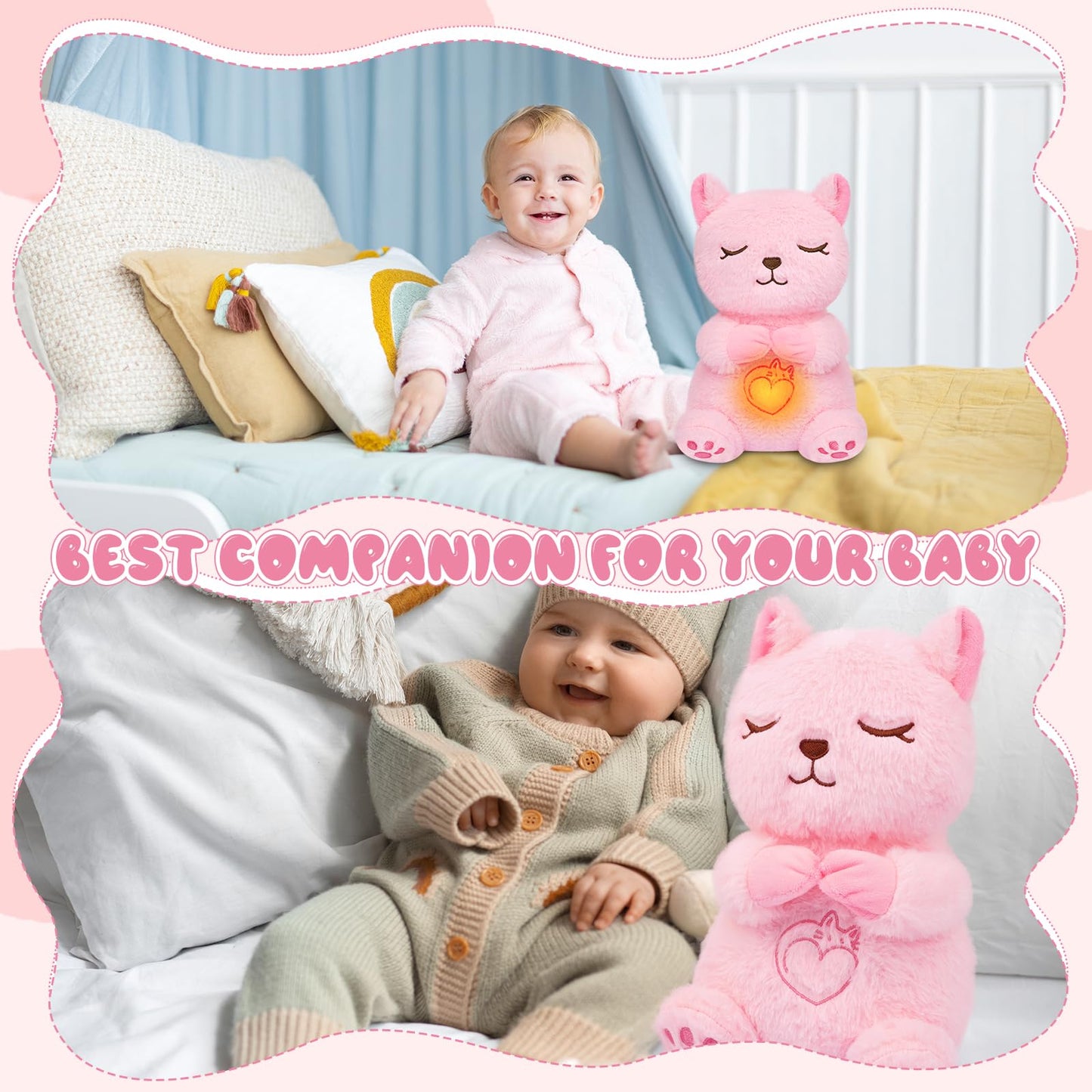 Prewplam Breathing Stuffed Animal, Pink Cat Plush Baby Toy, Soothing Sound Machine With Music Lights & Breathing Motion For Anxi
