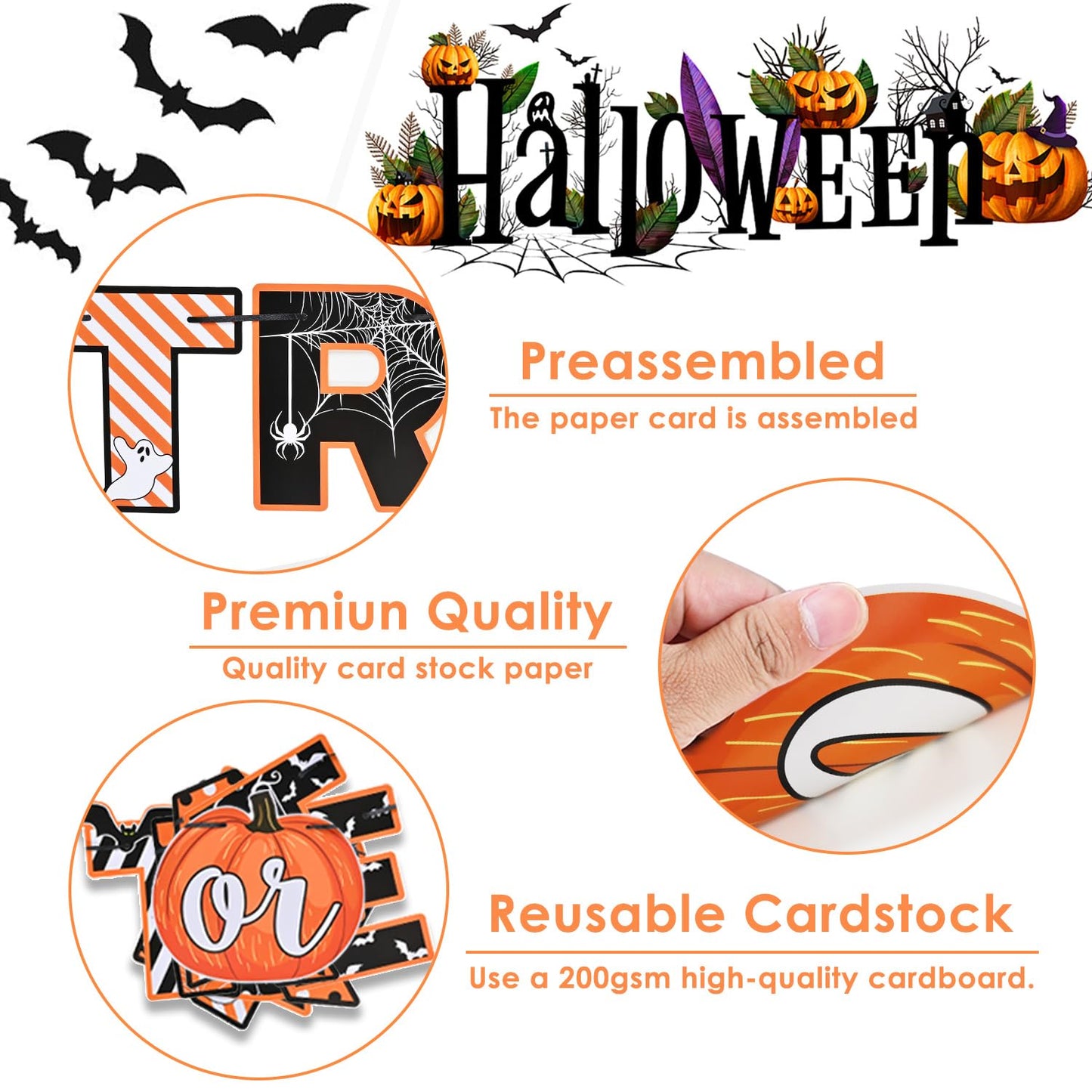 Halloween Trick Or Treat Paper Party Banner Fireplace Decor, Ahfulife Halloween Hanging Bunting Garland Sign For Halloween Party
