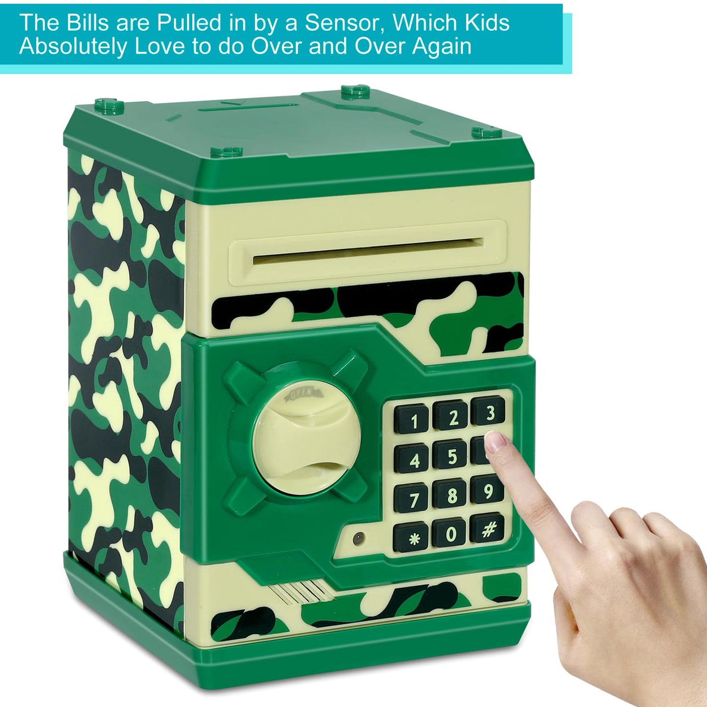 Renvdsa Cartoon Electronic Atm Password Piggy Bank Cash Coin Can Auto Scroll Paper Money Saving Box Gift For Kids (Green Camouflage)