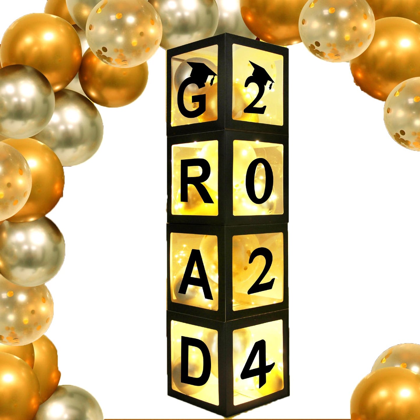 Aoke Graduation Party Decorations 2024 Graduation Balloon Boxes, 4Pcs Graduate Balloon Boxes With Gold Balloon Light Strings Bla