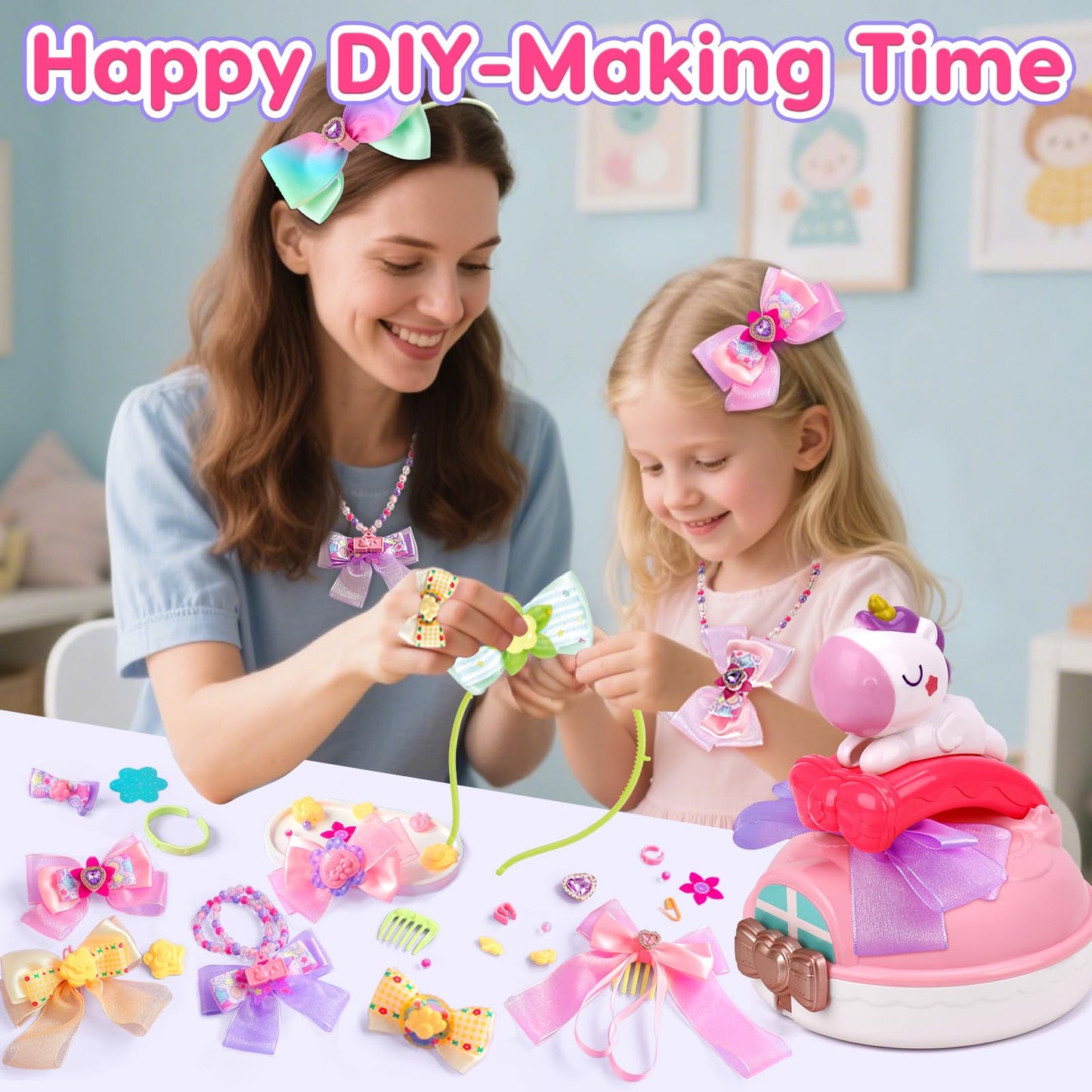 Qirptey DIY Bow Maker Kit for Girls 6-12, Pink Headband & Jewelry Making, Arts and Crafts Toys