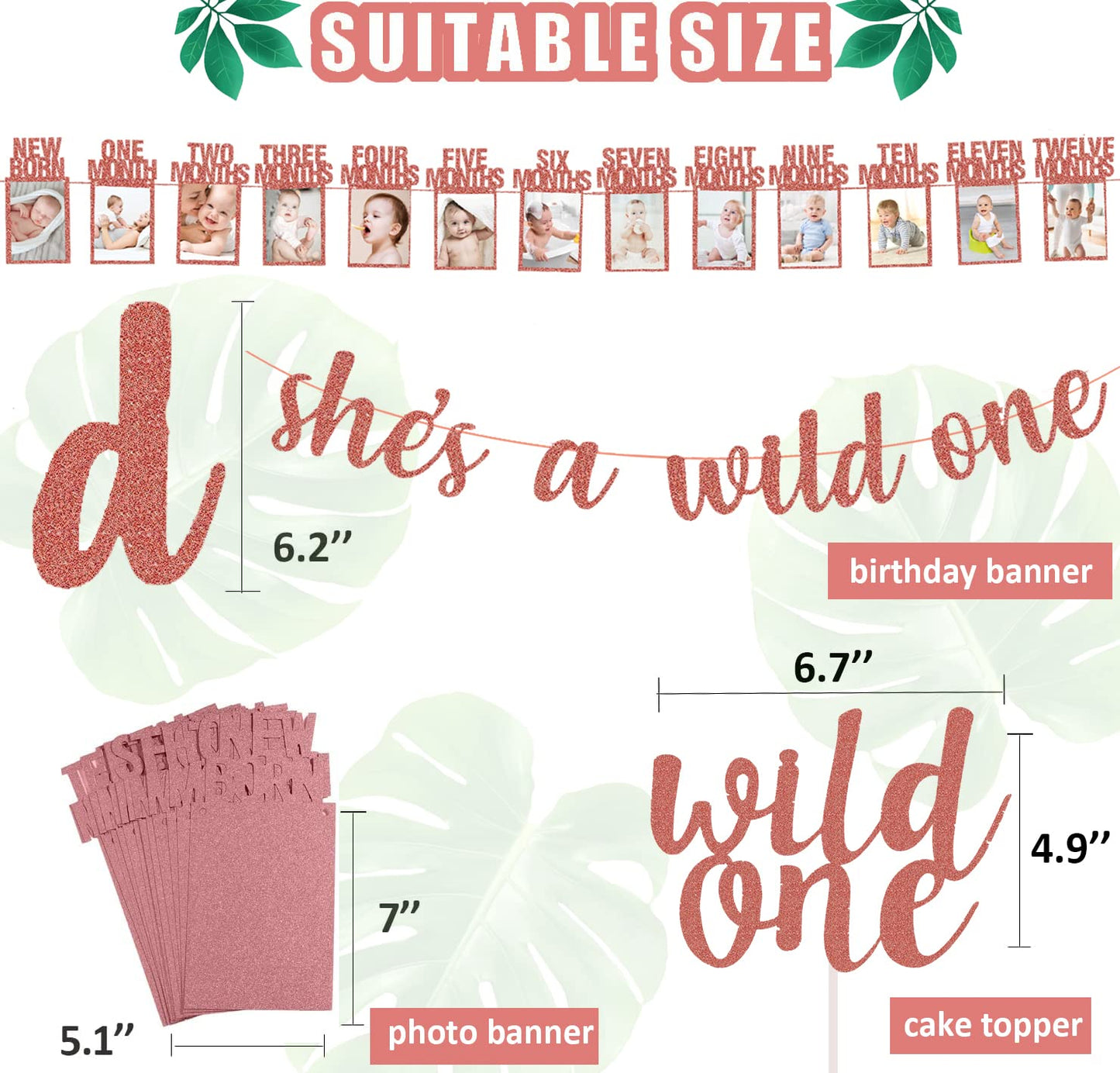 Wild One Birthday Decorations - Rose Gold Glitter She'S A Wild One Banner + Baby 1St Birthday Photo Banner From Newborn To 12 Mo