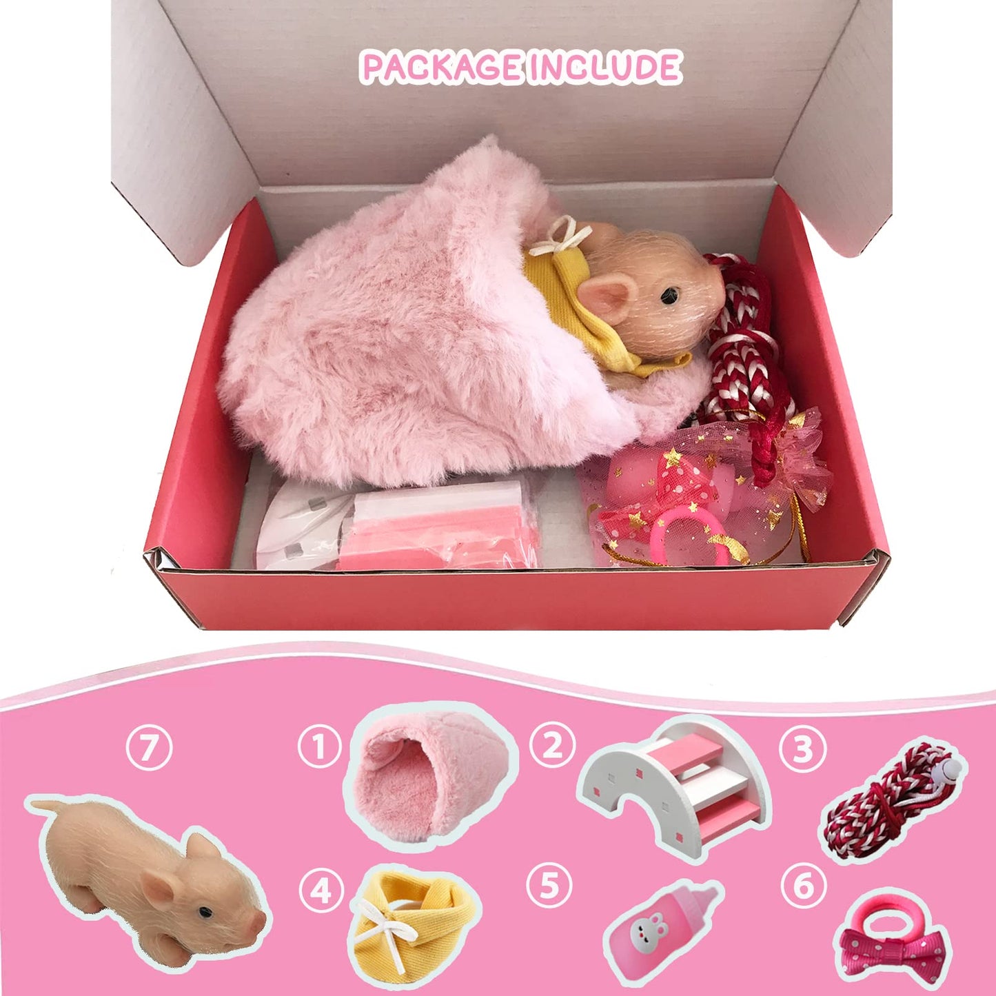 Volobe 5 Inches Silicone Piglet, Soft Mini Realistic Silicone Animal, Gift Box With Silicone Piglet Accessories, Kids Lifelike Reborn Doll(Dora)