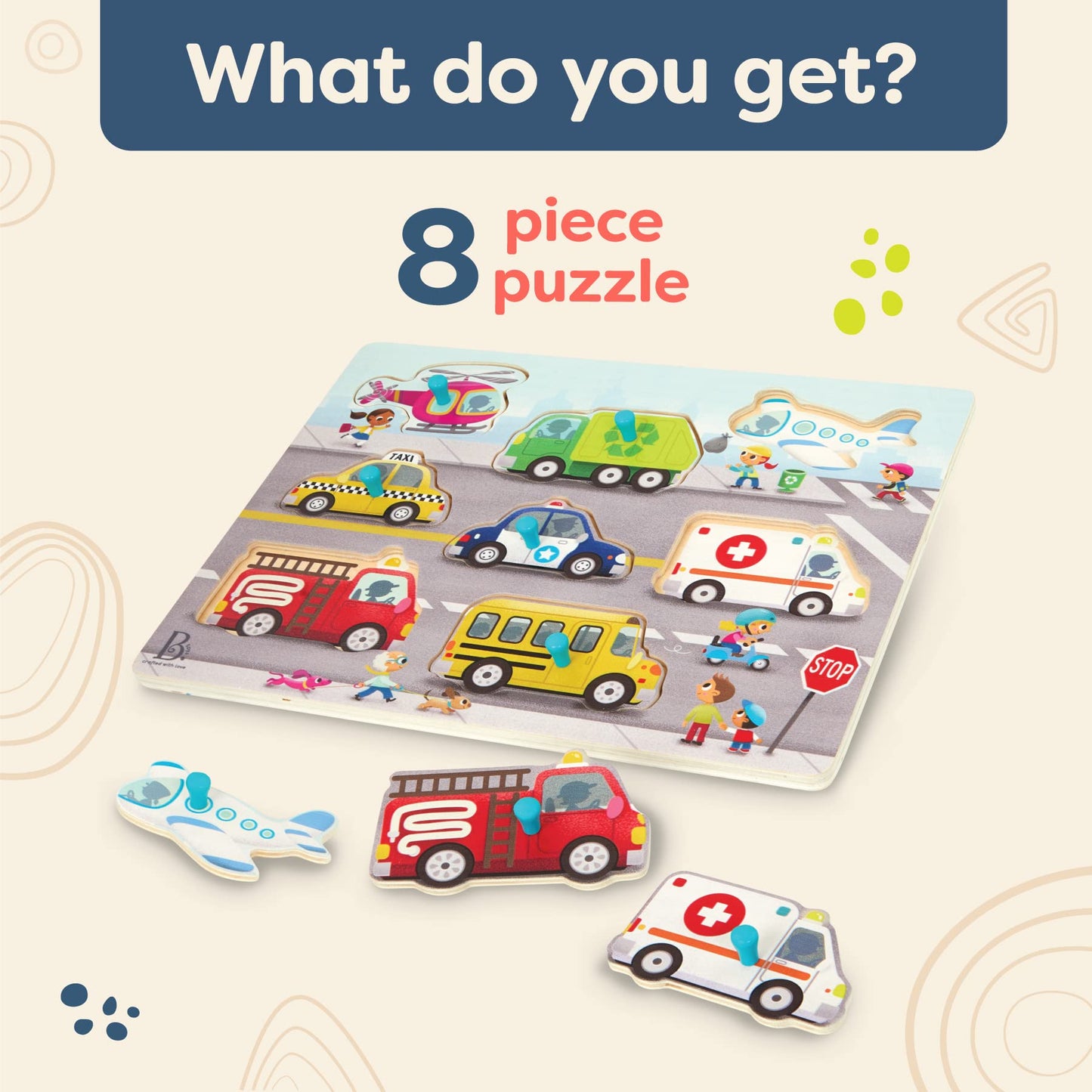 B. Toys- Peek & Explore - Vehicles- Wooden Peg Puzzle – Vehicle Puzzle For Toddlers, Kids – 8 Puzzle Pieces – Fire Truck, Airplane, Taxi & More – 2 Years +