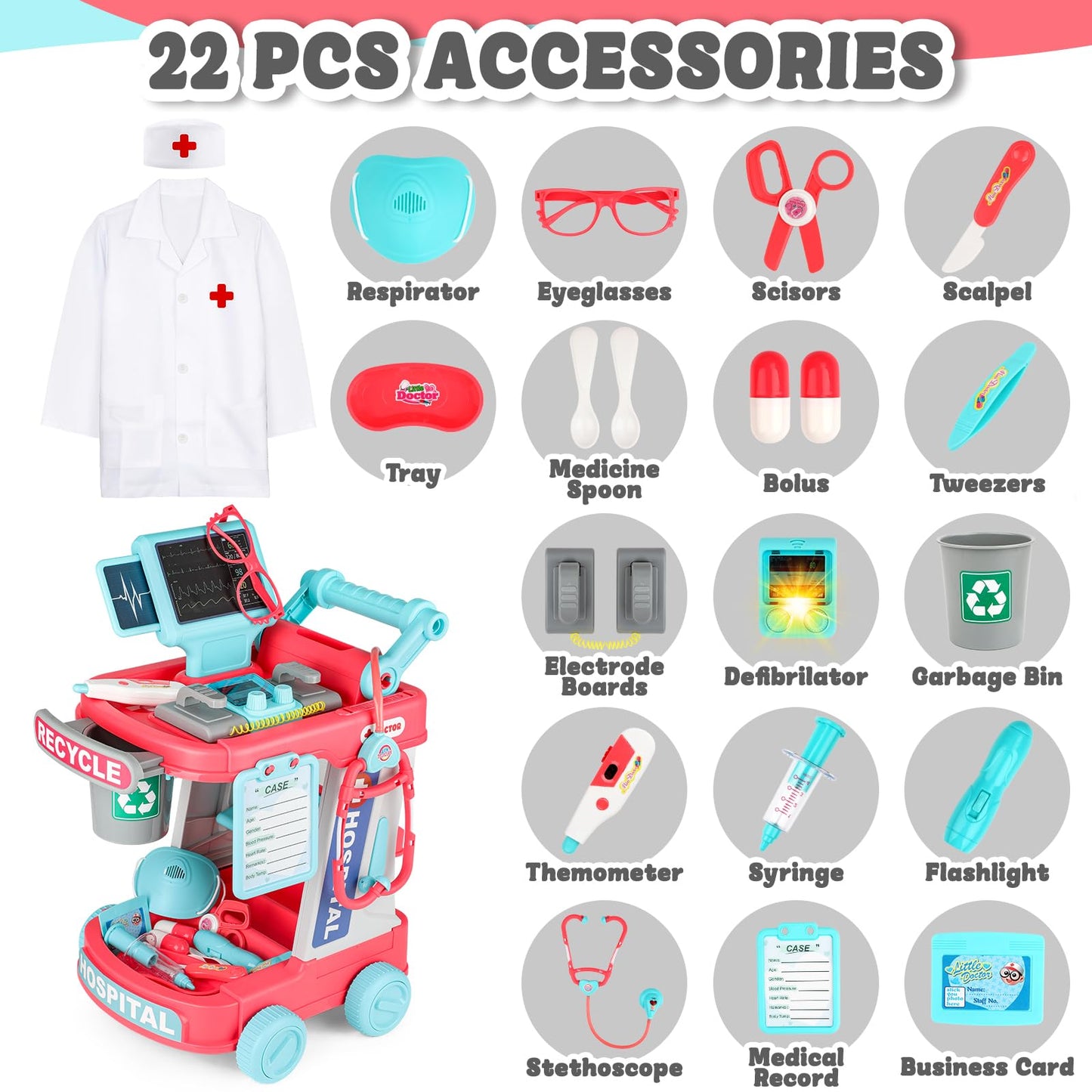 deAO Toy Doctor Kit for Kids Ages 3+, Pretend Play Medical Station Set, Toddlers Doctor Role Play Costume Dress Up Playset with
