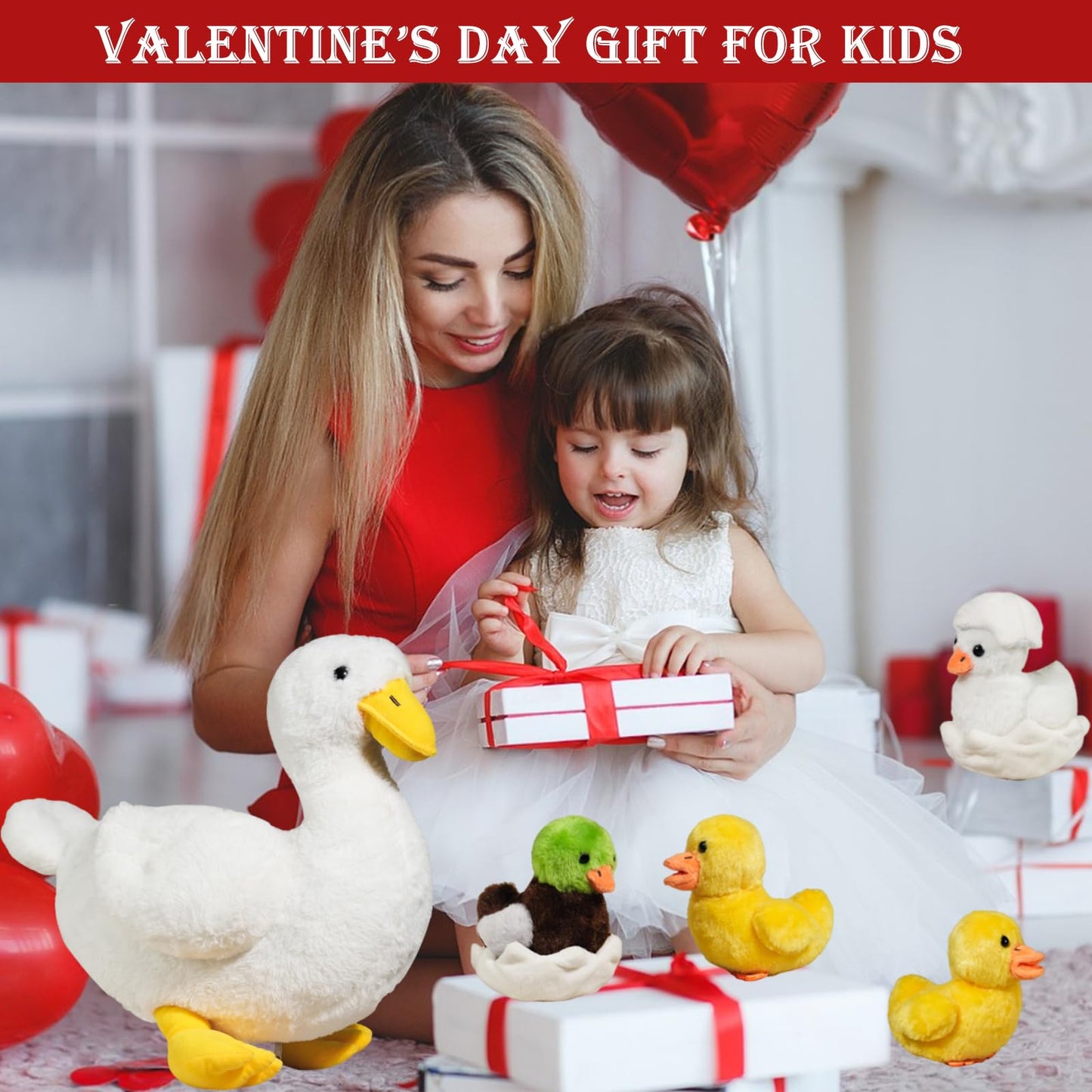 XYHQYB Duck Stuffed Animal Plush Toy Set with Baby Ducklings & Eggs, 7-in-1, White, Model QYB-004, Perfect for Kids' Easter & Birthday Decor