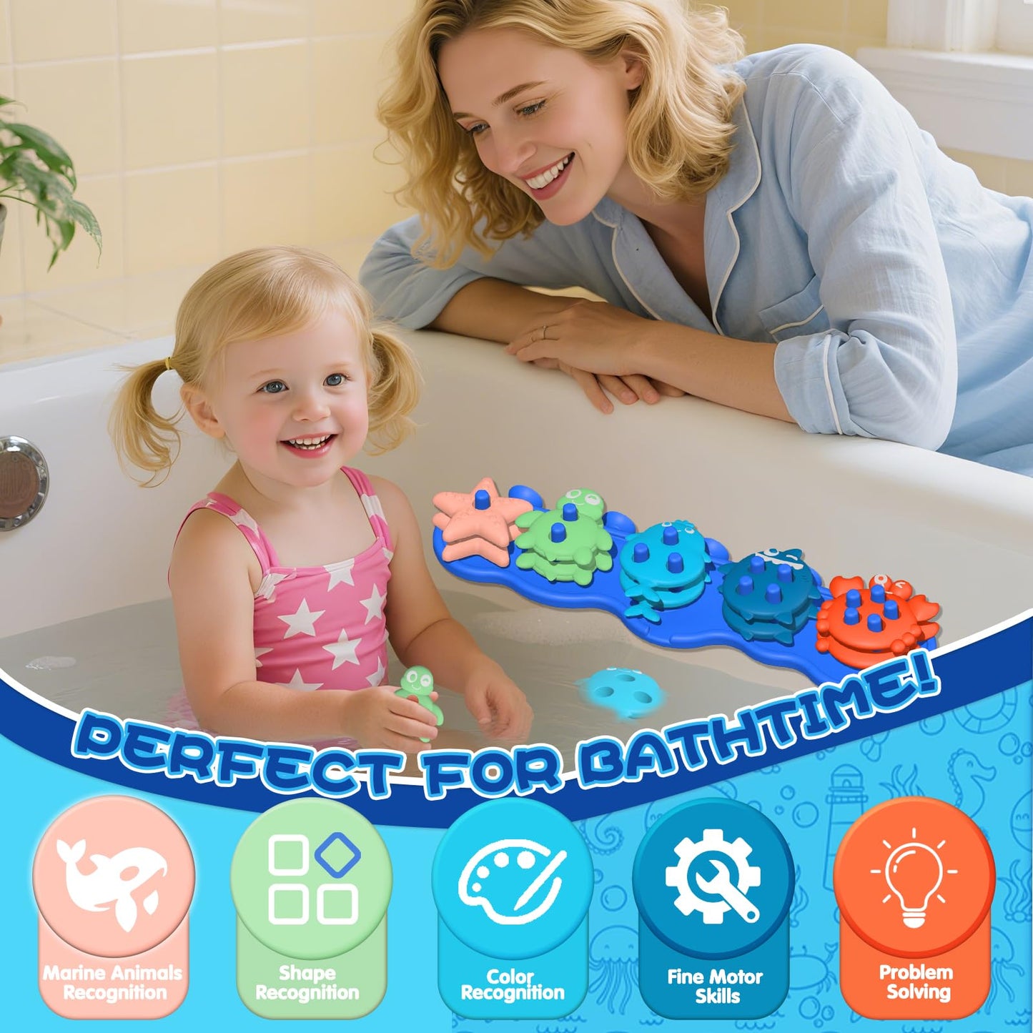 Toddler Bath Toys  enhanced Silicone Mold Free Ocean Animal Shape Sorting & Stacking Baby Bath Toys  No Hole Bathtub Floating Toys Gift for Boys Girls  Early Learning Sensory Water Toys  Bathtime Fun