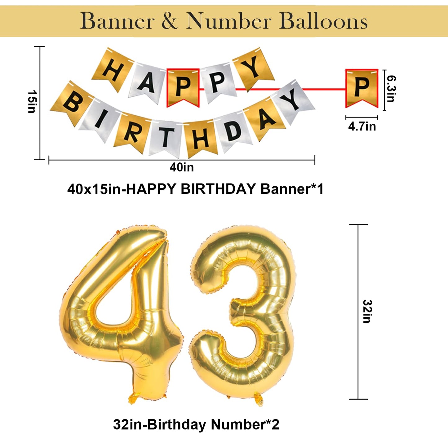 Naninuneno 43Th Gold Birthday Decorations, Gold Black Silver Happy Birthday Balloons Supplies For Boy Men Girl Women, 43 Birthda