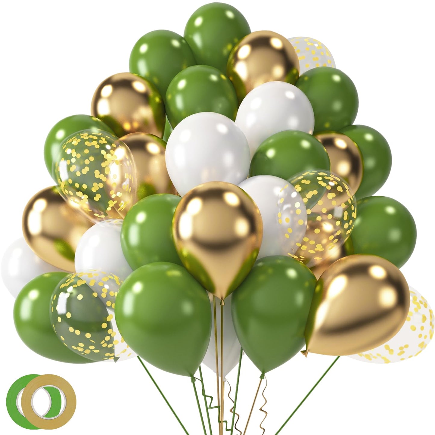 Lovestown 60Pcs Sage Green Balloons, 12 Inches Green Gold Confetti Latex Balloons With Ribbon For Birthday Wedding Engagement Graduation Party Family Reunion Decorations