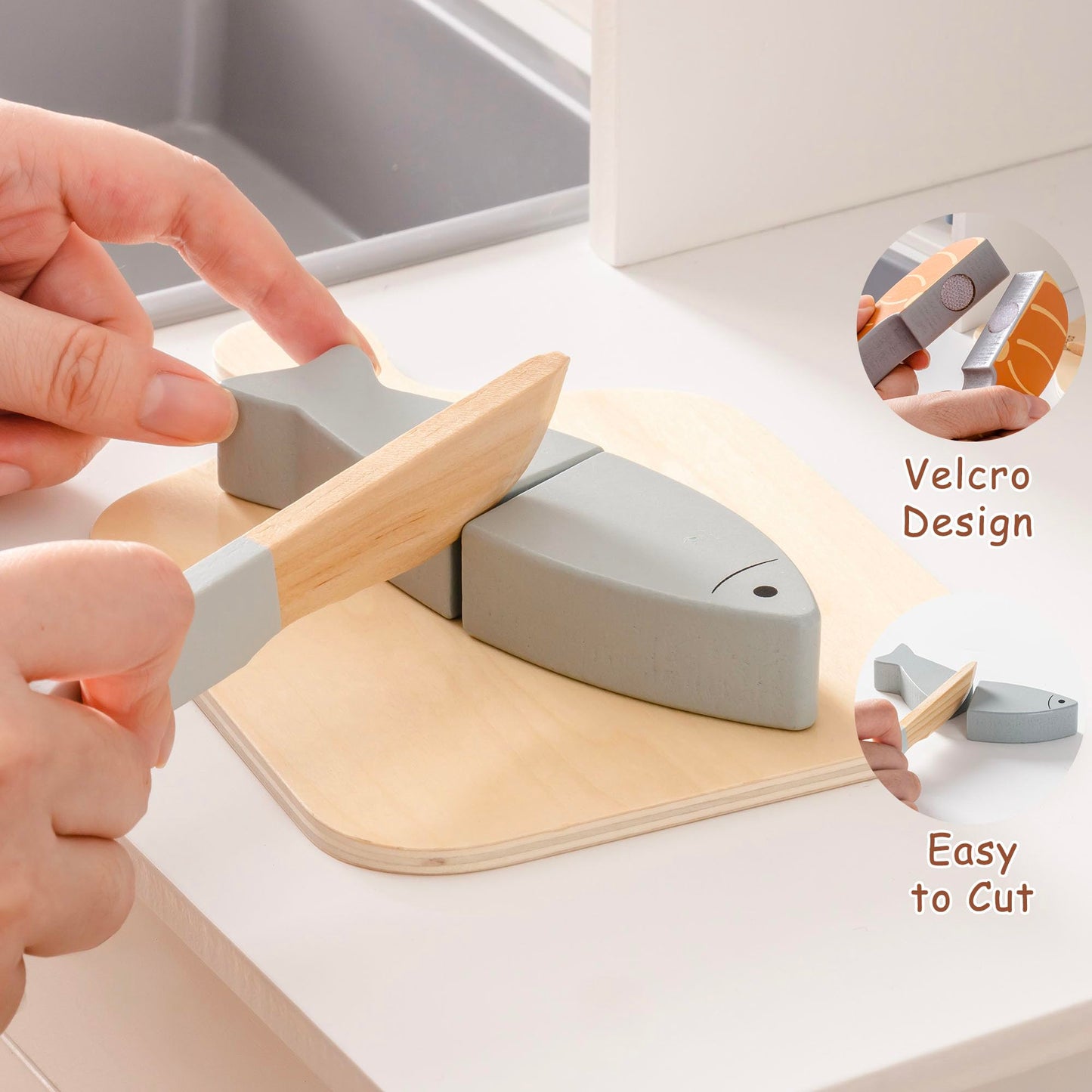 Robotime Wooden Play Food Cutting Meat & Eggs Set, Pretend Play Toy Food For Play Kitchen With Shopping Bag - Kids Kitchen Acces