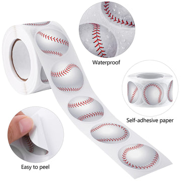 Durony 500 Pieces Baseball Stickers Self-Adhesive Sports Ball Sticker Labels Roll Baseball Theme Party Decor Envelope Gift Bag S