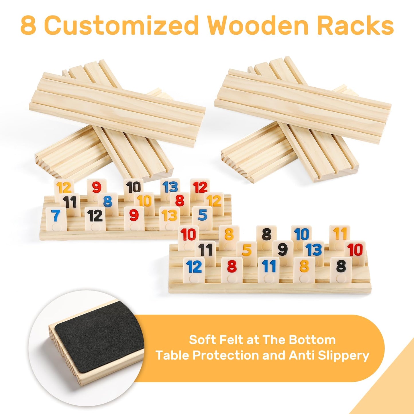 uvcany Rummy Cube 8 Player Edition with 8 Wooden Racks/Trays, 214 Large Numbers Rummy Tiles 6-8 Players Set with Zippered Case,