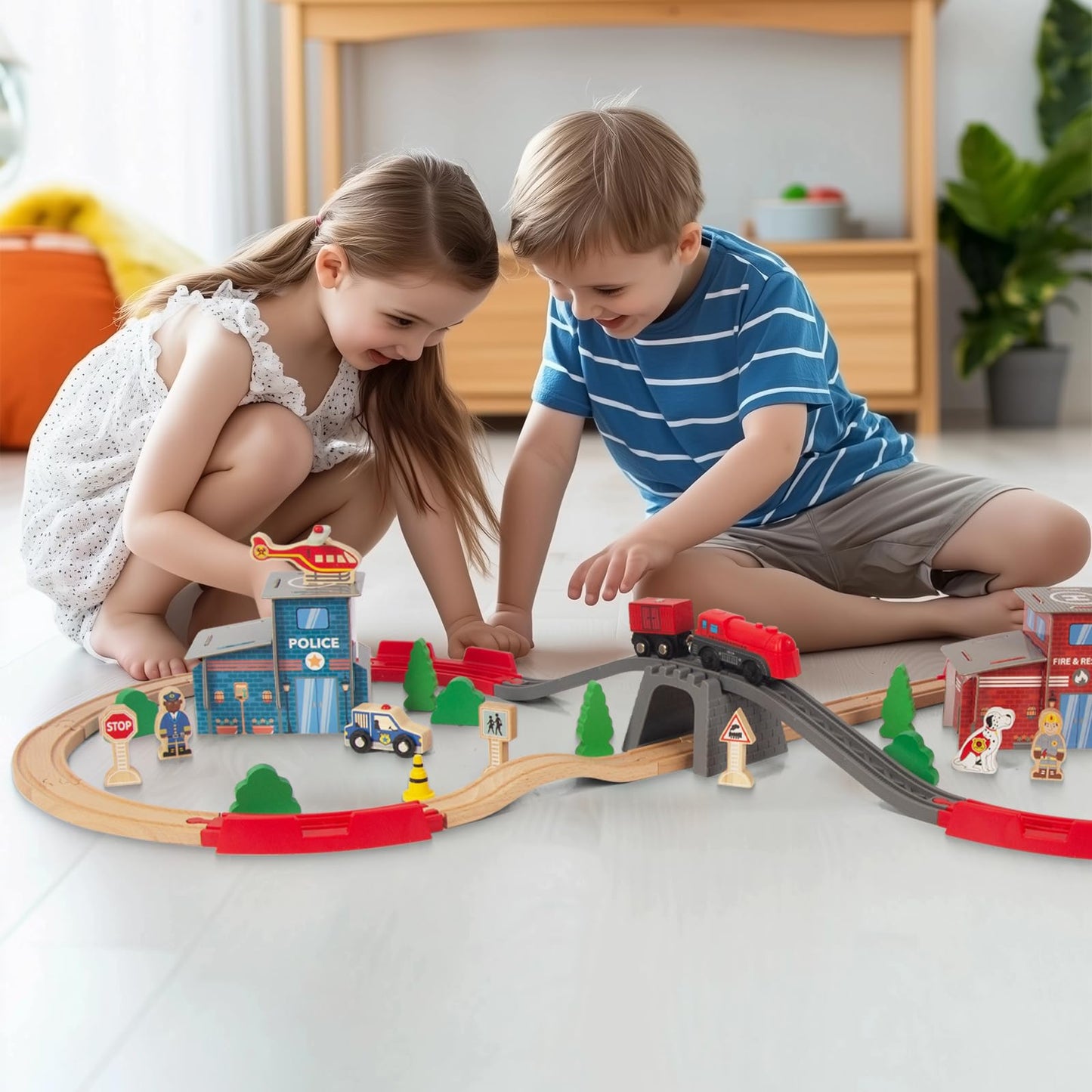 Woodenedu Wooden Train Set For Toddler - 60 Pcs- With Wooden Tracks Fits Thomas, Fits Brio, Fits Chuggington, Fits Melissa And D