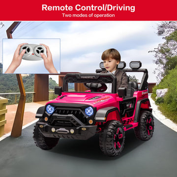 Modern-Depo 12V Kids Ride On Car Truck With Diy Stickers, Manual/Remote Control Electric Car With Led Lights, 2 Motors, 2 Speeds Adjustable, Openable Doors, Spring Suspension, Music Player, Rose Pink