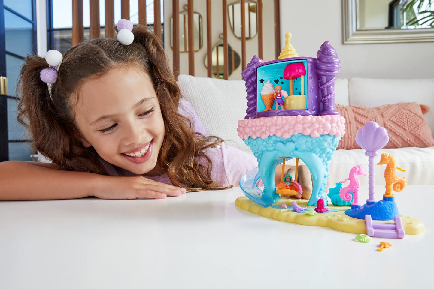 Polly Pocket Rainbow Funland Mermaid Cove Ride Playset, Polly & Mermaid Dolls, Accessories, Dispenser Feature For Surprises, Great Gift For Ages 4 & Up
